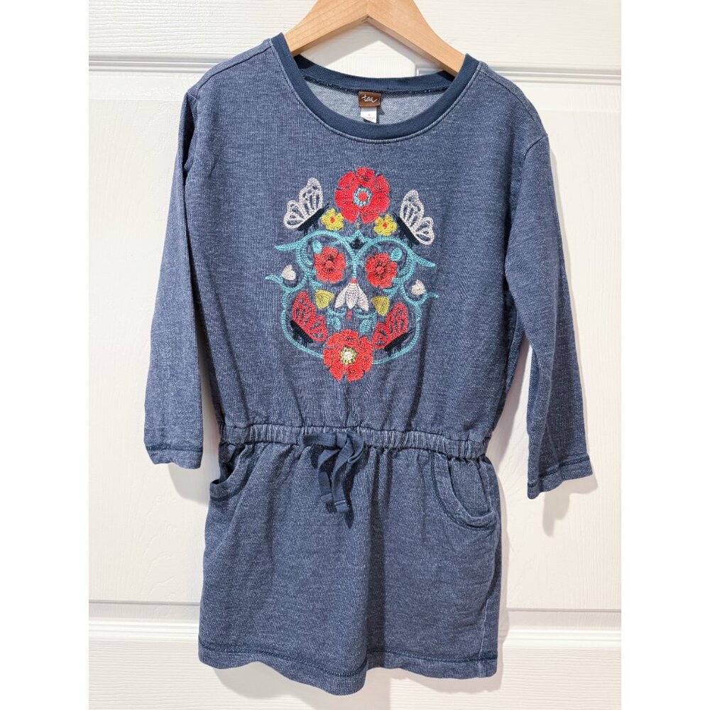 Tea Collection Girls Rhiannon Blue Floral Butterfly Embroidered Terry LS Dress 6